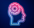 Glowing neon line Human head with gear inside icon isolated on blue background. Artificial intelligence. Thinking brain Royalty Free Stock Photo