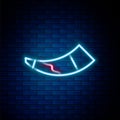 Glowing neon line Hunting horn icon isolated on brick wall background. Colorful outline concept. Vector Royalty Free Stock Photo