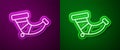 Glowing neon line Hunting horn icon isolated on purple and green background. Vector Royalty Free Stock Photo