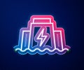 Glowing neon line Hydroelectric dam icon isolated on blue background. Water energy plant. Hydropower. Hydroelectricity