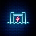 Glowing neon line Hydroelectric dam icon isolated on brick wall background. Water energy plant. Hydropower