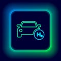 Glowing neon line Hydrogen car icon isolated on black background. H2 station sign. Hydrogen fuel cell car eco