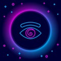 Glowing neon line Hypnosis icon isolated on black background. Human eye with spiral hypnotic iris. Colorful outline