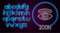 Glowing neon line Hypnosis icon isolated on brick wall background. Human eye with spiral hypnotic iris. Neon light