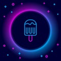 Glowing neon line Ice cream on stick icon isolated on black background. Sweet symbol. Colorful outline concept. Vector Royalty Free Stock Photo