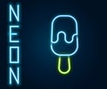 Glowing neon line Ice cream on stick icon isolated on black background. Sweet symbol. Colorful outline concept. Vector Royalty Free Stock Photo