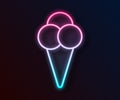 Glowing neon line Ice cream in waffle cone icon isolated on black background. Sweet symbol. Vector Illustration