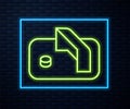 Glowing neon line Ice hockey goal with net for goalkeeper icon isolated on brick wall background. Vector