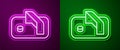 Glowing neon line Ice hockey goal with net for goalkeeper icon isolated on purple and green background. Vector