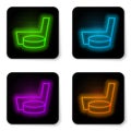 Glowing neon line Ice hockey stick and puck icon isolated on white background. Black square button. Vector Royalty Free Stock Photo