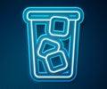 Glowing neon line Ice tea icon isolated on blue background. Iced tea. Vector