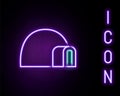 Glowing neon line Igloo ice house icon isolated on black background. Snow home, Eskimo dome-shaped hut winter shelter Royalty Free Stock Photo