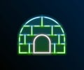 Glowing neon line Igloo ice house icon isolated on black background. Snow home, Eskimo dome-shaped hut winter shelter Royalty Free Stock Photo