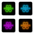 Glowing neon line Incognito mode icon isolated on white background. Black square button. Vector