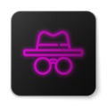 Glowing neon line Incognito mode icon isolated on white background. Black square button. Vector