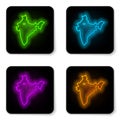 Glowing neon line India map icon isolated on white background. Black square button. Vector