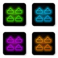 Glowing neon line Indian spice icon isolated on white background. Black square button. Vector