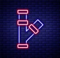 Glowing neon line Industry metallic pipe icon isolated on brick wall background. Plumbing pipeline parts of different