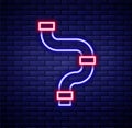 Glowing neon line Industry metallic pipe icon isolated on brick wall background. Plumbing pipeline parts of different