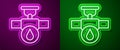 Glowing neon line Industry metallic pipe and valve icon isolated on purple and green background. Vector Royalty Free Stock Photo