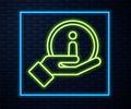 Glowing neon line Information icon isolated on brick wall background. Vector Illustration