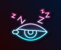 Glowing neon line Insomnia icon isolated on black background. Sleep disorder with capillaries and pupils. Fatigue and