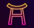 Glowing neon line Japan Gate icon isolated on black background. Torii gate sign. Japanese traditional classic gate