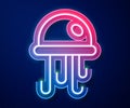 Glowing neon line Jellyfish icon isolated on blue background. Vector