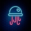 Glowing neon line Jellyfish icon isolated on brick wall background. Colorful outline concept. Vector Royalty Free Stock Photo