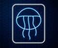 Glowing neon line Jellyfish icon isolated on brick wall background. Vector