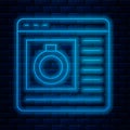 Glowing neon line Jewelry online shopping icon isolated on brick wall background. Vector