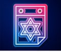 Glowing neon line Jewish calendar with star of david icon isolated on blue background. Hanukkah calendar day. Vector