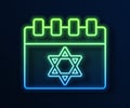 Glowing neon line Jewish calendar with star of david icon isolated on blue background. Hanukkah calendar day. Vector