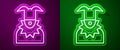 Glowing neon line Joker head icon isolated on purple and green background. Jester sign. Vector