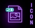 Glowing neon line JPG file document. Download image button icon isolated on black background. JPG file symbol. Colorful Royalty Free Stock Photo