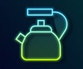 Glowing neon line Kettle with handle icon isolated on black background. Teapot icon. Vector