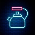 Glowing neon line Kettle with handle icon isolated on brick wall background. Teapot icon. Colorful outline concept