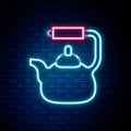 Glowing neon line Kettle with handle icon isolated on brick wall background. Teapot icon. Colorful outline concept