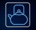 Glowing neon line Kettle with handle icon isolated on brick wall background. Teapot icon. Vector