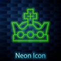 Glowing neon line King crown icon isolated on brick wall background. Vector