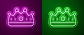 Glowing neon line King crown icon isolated on purple and green background. Vector Royalty Free Stock Photo