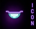 Glowing neon line Kitchen colander icon isolated on black background. Cooking utensil. Cutlery sign. Colorful outline