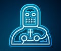 Glowing neon line Knight crusader icon isolated on blue background. Vector