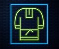 Glowing neon line Kosovorotka is a traditional Russian shirt icon isolated on brick wall background. Traditional national clothes