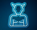 Glowing neon line Krampus, heck icon isolated on blue background. Horned devil. Traditional Christmas devil. Happy