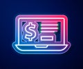 Glowing neon line Laptop with dollar icon isolated on blue background. Sending money around the world, money transfer Royalty Free Stock Photo