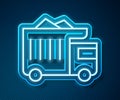 Glowing neon line Large industrial mining dump truck icon isolated on blue background. Big car. Vector