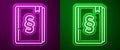 Glowing neon line Law book icon isolated on purple and green background. Legal judge book. Judgment concept. Vector