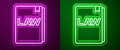 Glowing neon line Law book icon isolated on purple and green background. Legal judge book. Judgment concept. Vector