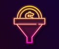 Glowing neon line Lead management icon isolated on black background. Funnel with money. Target client business concept